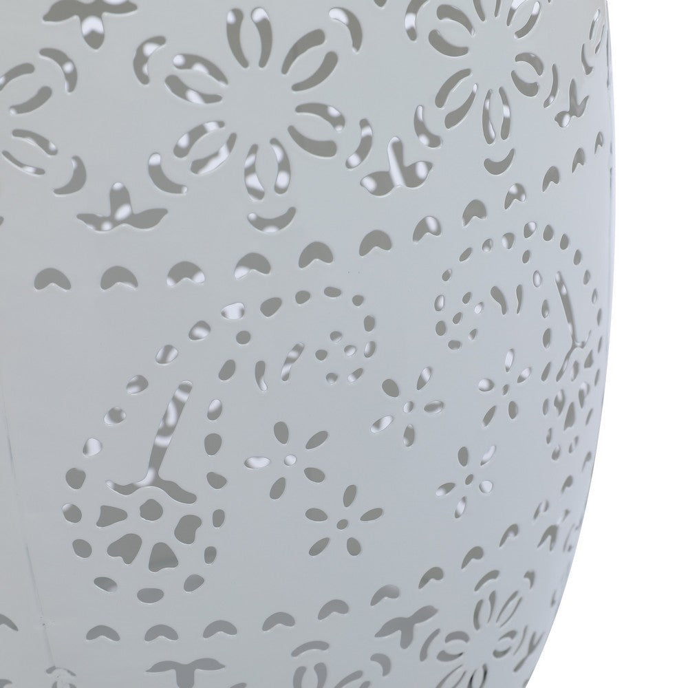 Sola Side Table | Solar Powered Light | 18’’ Barrel Shaped White Iron