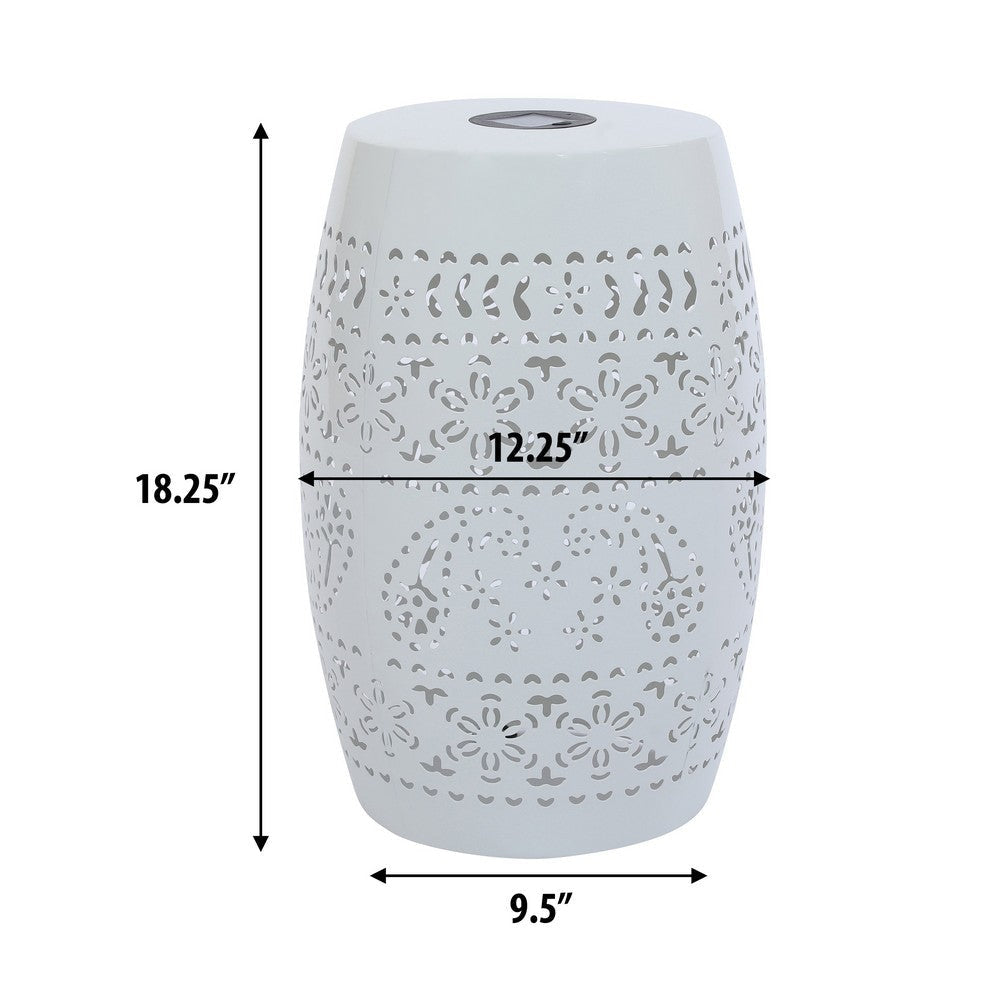 Sola Side Table | Solar Powered Light | 18’’ Barrel Shaped White Iron