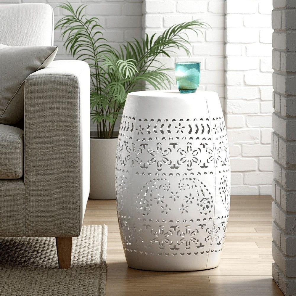 Sola Side Table | Solar Powered Light | 18" Barrel Shaped White Iron