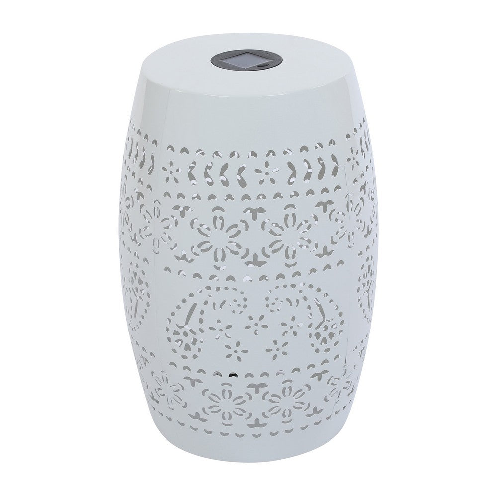 Sola Side Table | Solar Powered Light | 18" Barrel Shaped White Iron