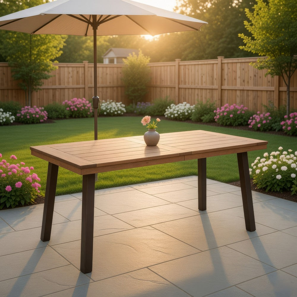 Kristi Outdoor Dining Table | 69" Brown Wood Top and Slat Panel