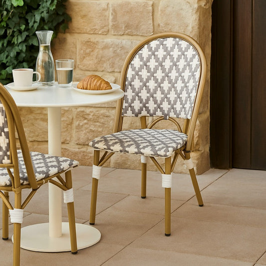 Bo Outdoor Bistro Chair Set of 2 | Gray White Faux Rattan Brown Metal