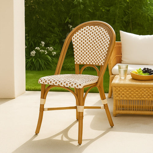 Bo Outdoor Bistro Chair Set of 2 | White and Brown Faux Rattan | Metal