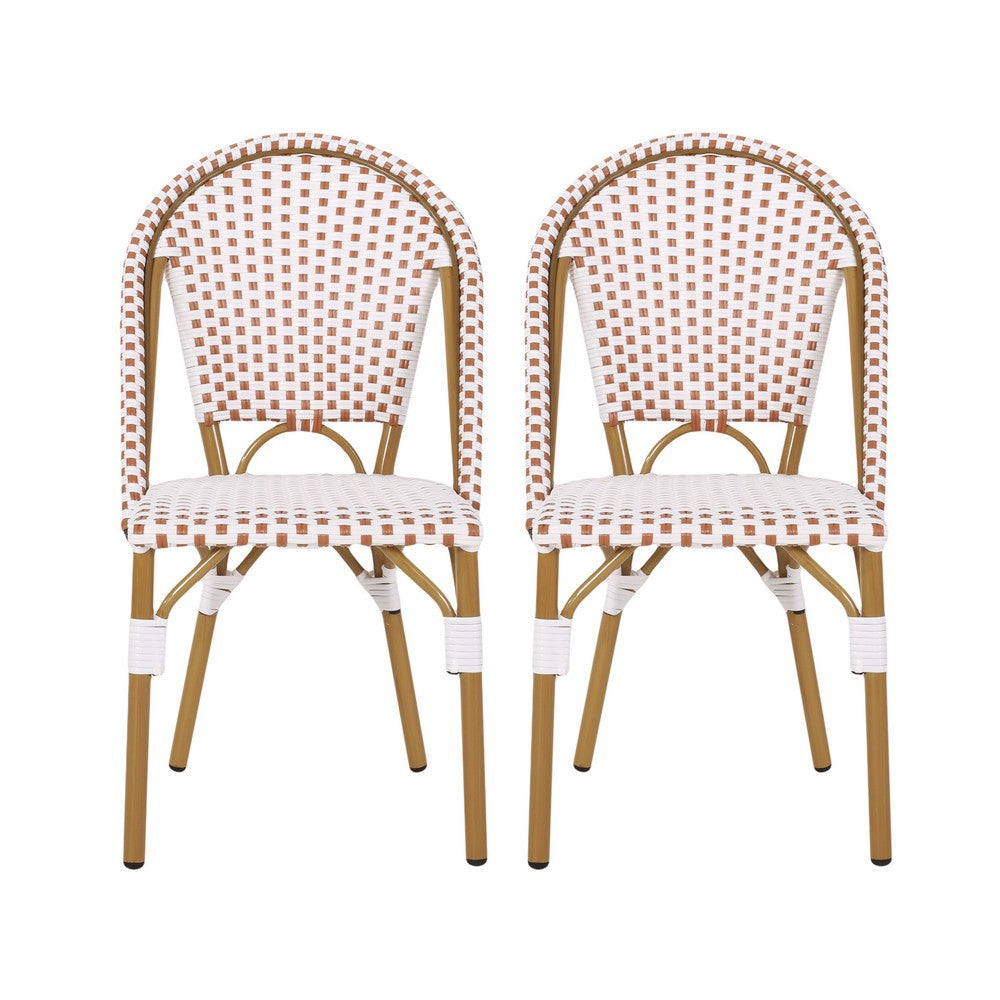 Bo Outdoor Bistro Chair Set of 2 | White and Brown Faux Rattan | Metal
