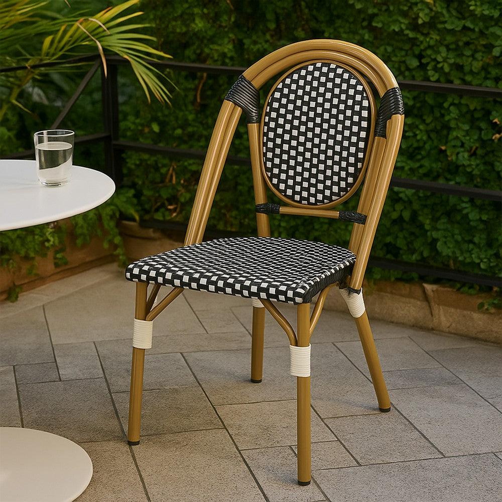 Bo Outdoor Bistro Chair Set of 2 | White and Black Faux Rattan | Metal