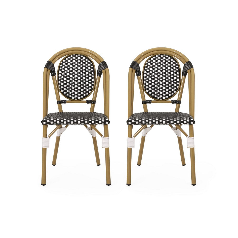 Bo Outdoor Bistro Chair Set of 2 | White and Black Faux Rattan | Metal