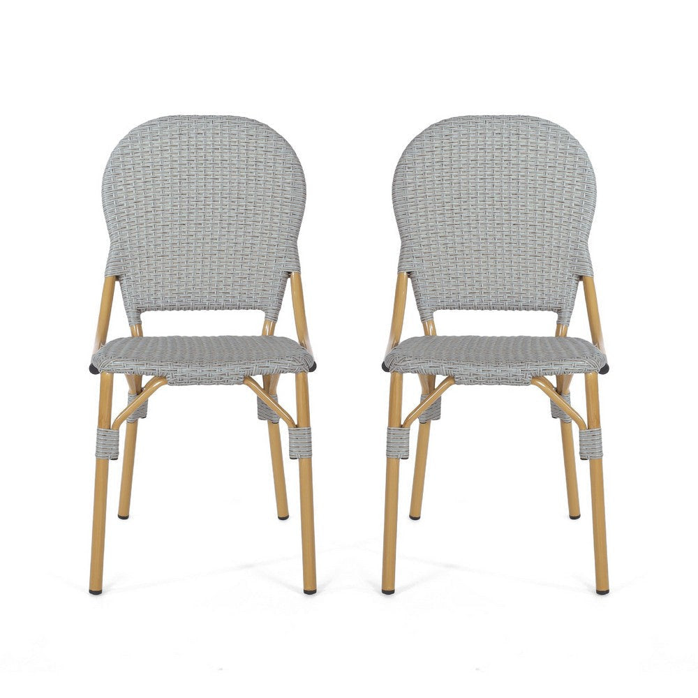 Outdoor Bistro Chair Set of 2 | Gray Faux Rattan | Natural Brown Metal
