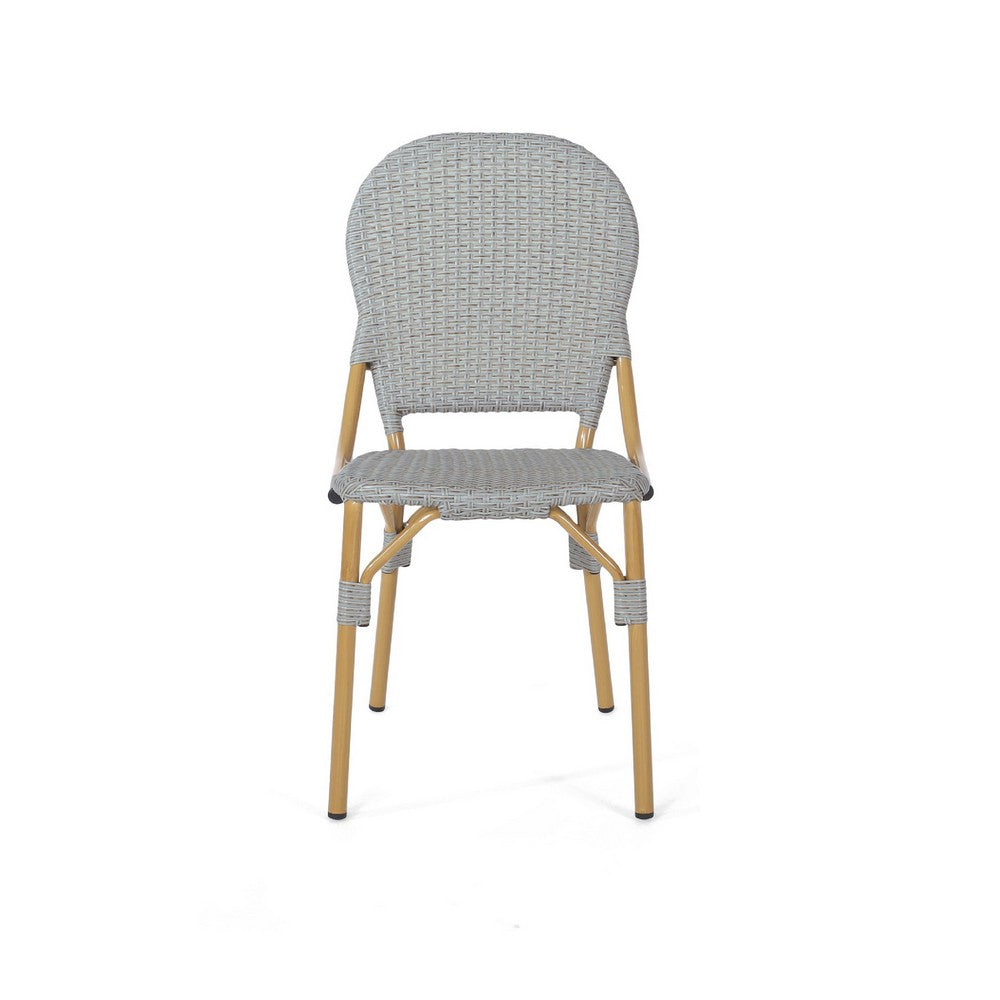 Outdoor Bistro Chair Set of 2 | Gray Faux Rattan | Natural Brown Metal