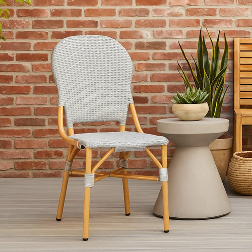 Outdoor Bistro Chair Set of 2 | Gray Faux Rattan | Natural Brown Metal