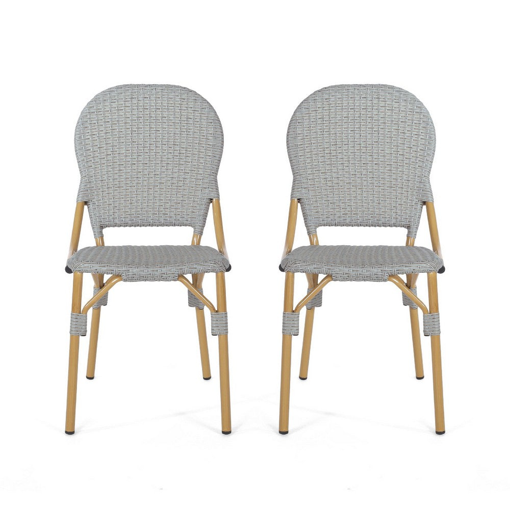 Outdoor Bistro Chair Set of 2 | Gray Faux Rattan | Natural Brown Metal