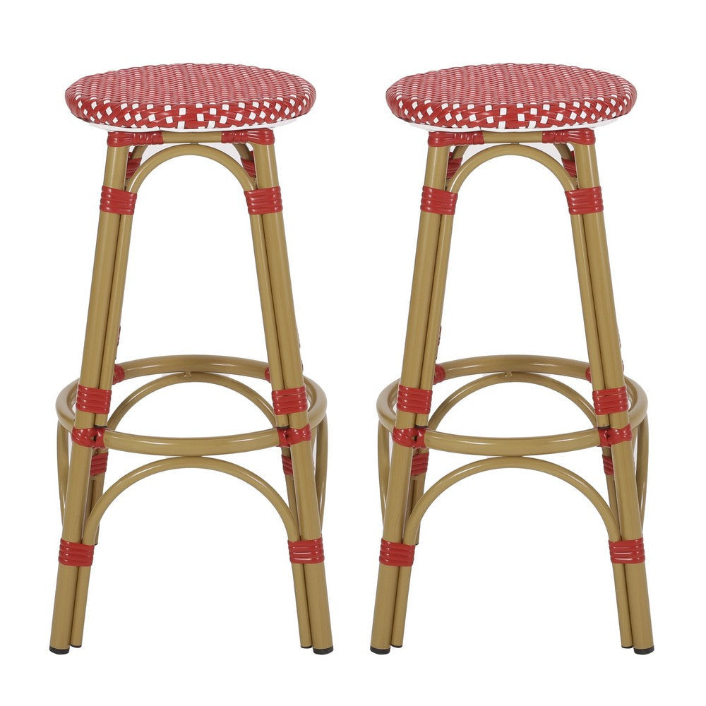 Outdoor Barstool Set of 2 | Red and White Wicker Seat | Brown Aluminum BM335768