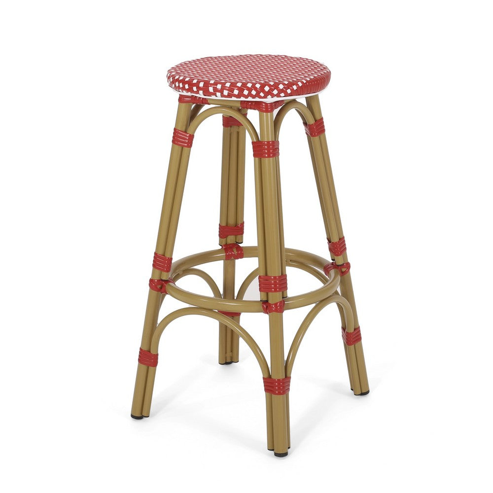 Outdoor Barstool Set of 2 | Red and White Wicker Seat | Brown Aluminum