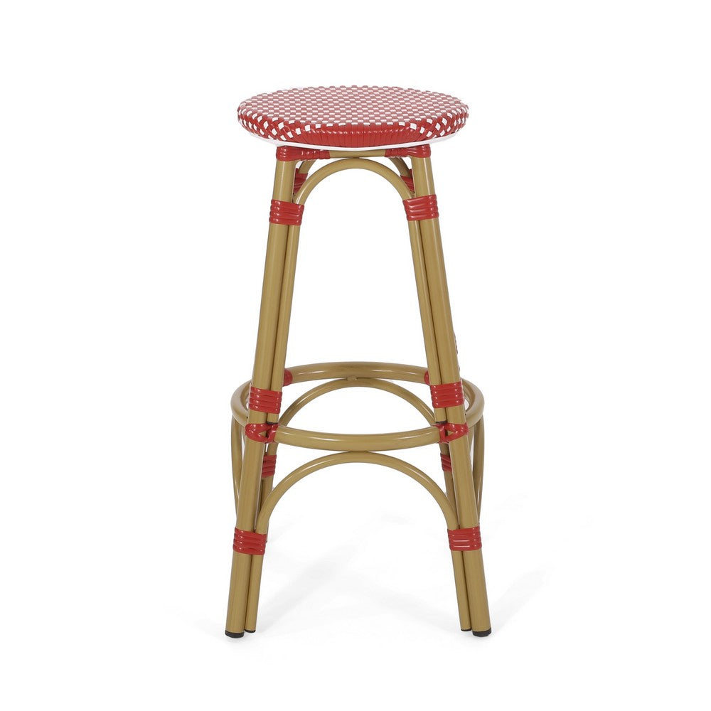 Outdoor Barstool Set of 2 | Red and White Wicker Seat | Brown Aluminum