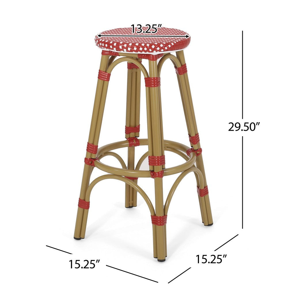 Outdoor Barstool Set of 2 | Red and White Wicker Seat | Brown Aluminum BM335768