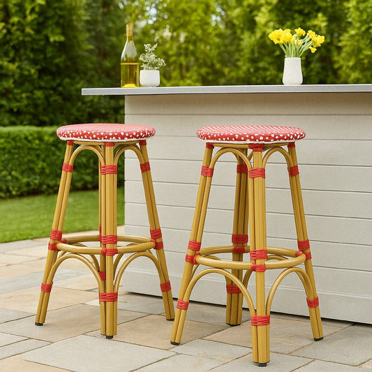 Outdoor Barstool Set of 2 | Red and White Wicker Seat | Brown Aluminum