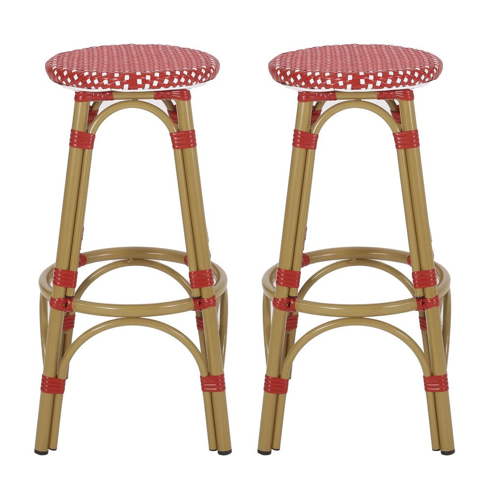 Outdoor Barstool Set of 2 | Red and White Wicker Seat | Brown Aluminum