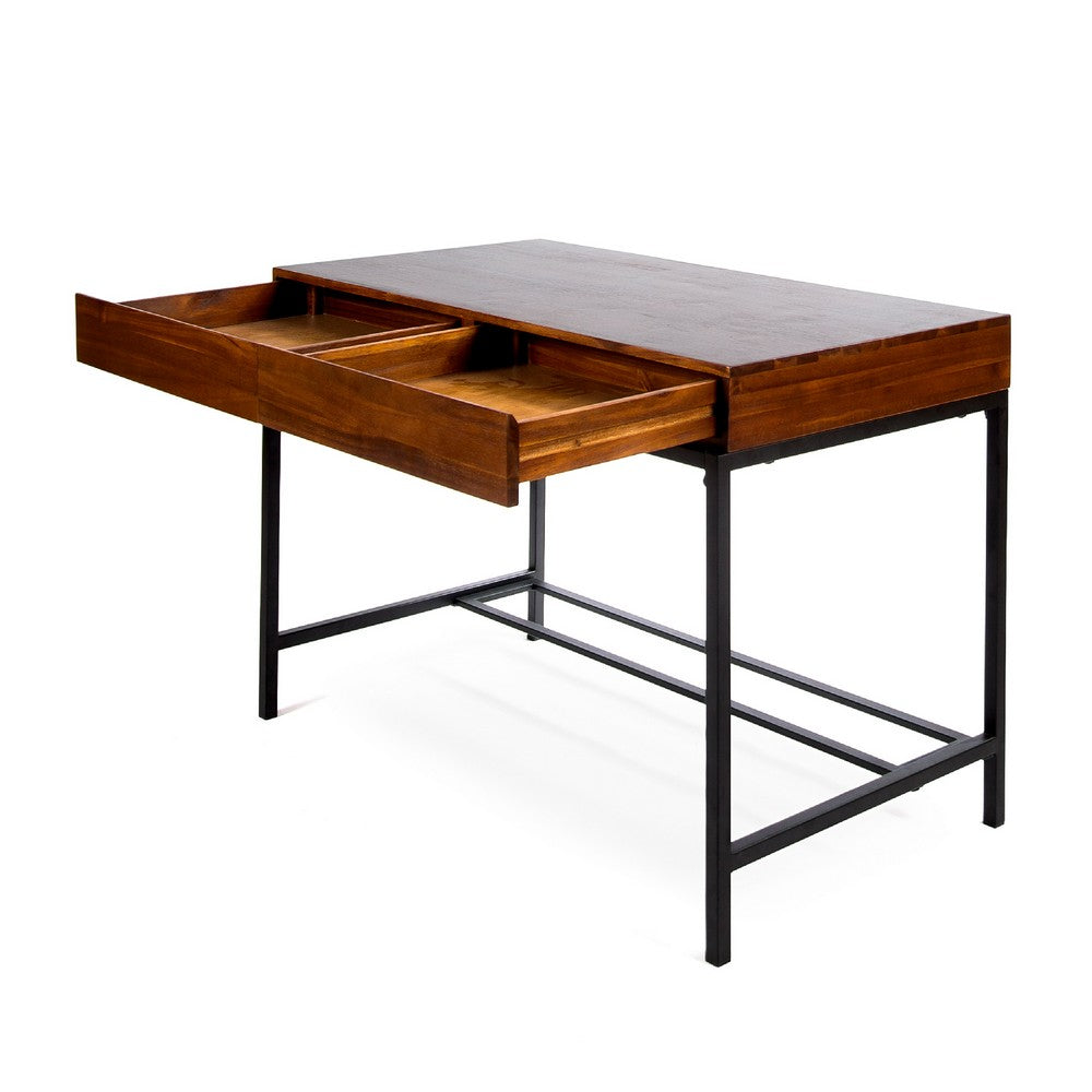 Writing Desk with 2 Storage Drawers | 44" Brown Acacia Wood