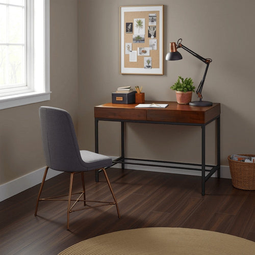 Writing Desk with 2 Storage Drawers | 44" Brown Acacia Wood