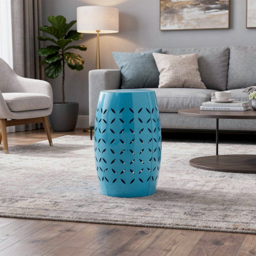Lica Patio Side End Table | Barrel Shaped Lace Cut | 12" Blue Iron