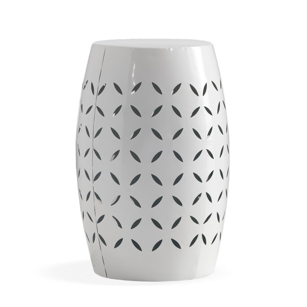Lica Patio Side End Table | Barrel Shaped Lace Cut | 12" White Iron