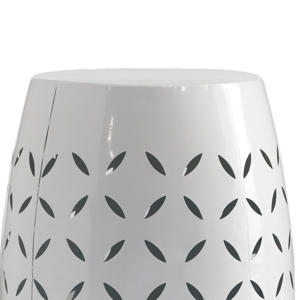Lica Patio Side End Table | Barrel Shaped Lace Cut | 12" White Iron