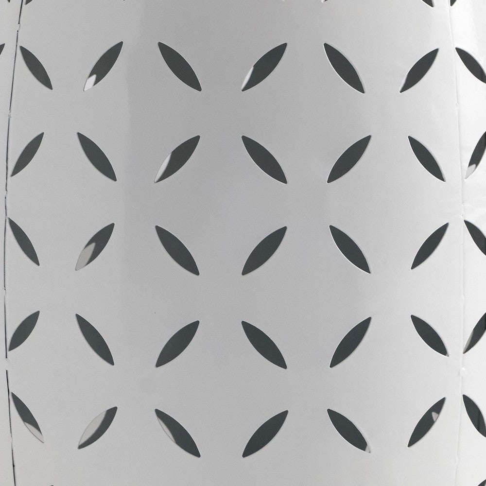 Lica Patio Side End Table | Barrel Shaped Lace Cut | 12’’ White Iron