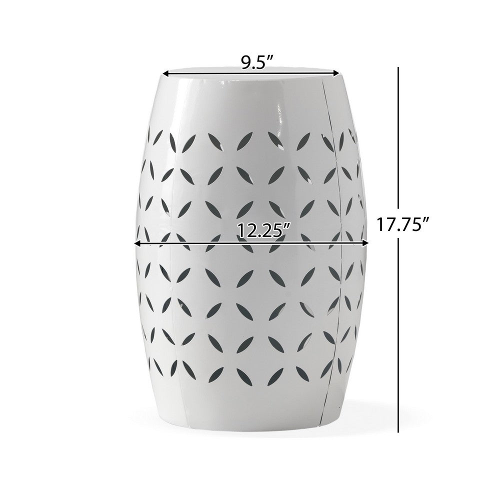Lica Patio Side End Table | Barrel Shaped Lace Cut | 12" White Iron