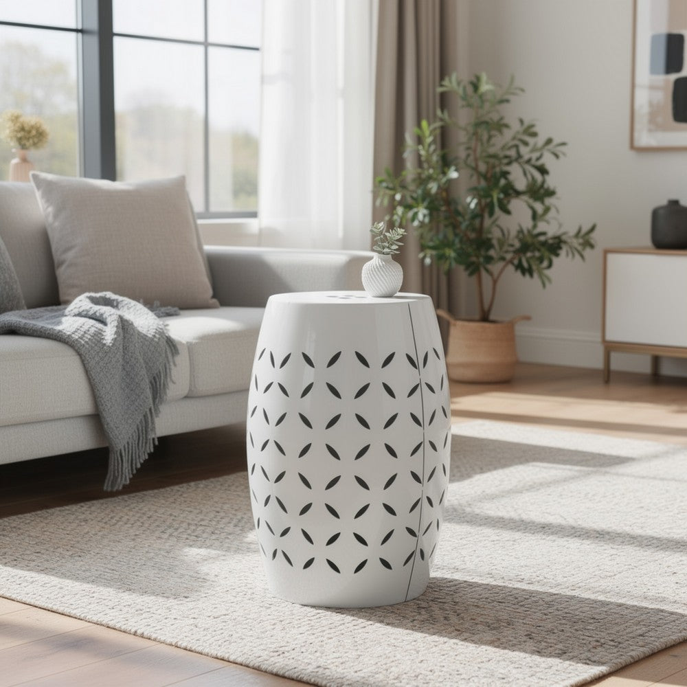 Lica Patio Side End Table | Barrel Shaped Lace Cut | 12" White Iron