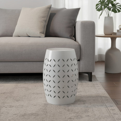 Lica Patio Side End Table | Barrel Shaped Lace Cut | 12" White Iron