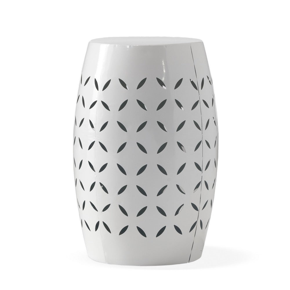 Lica Patio Side End Table | Barrel Shaped Lace Cut | 12" White Iron