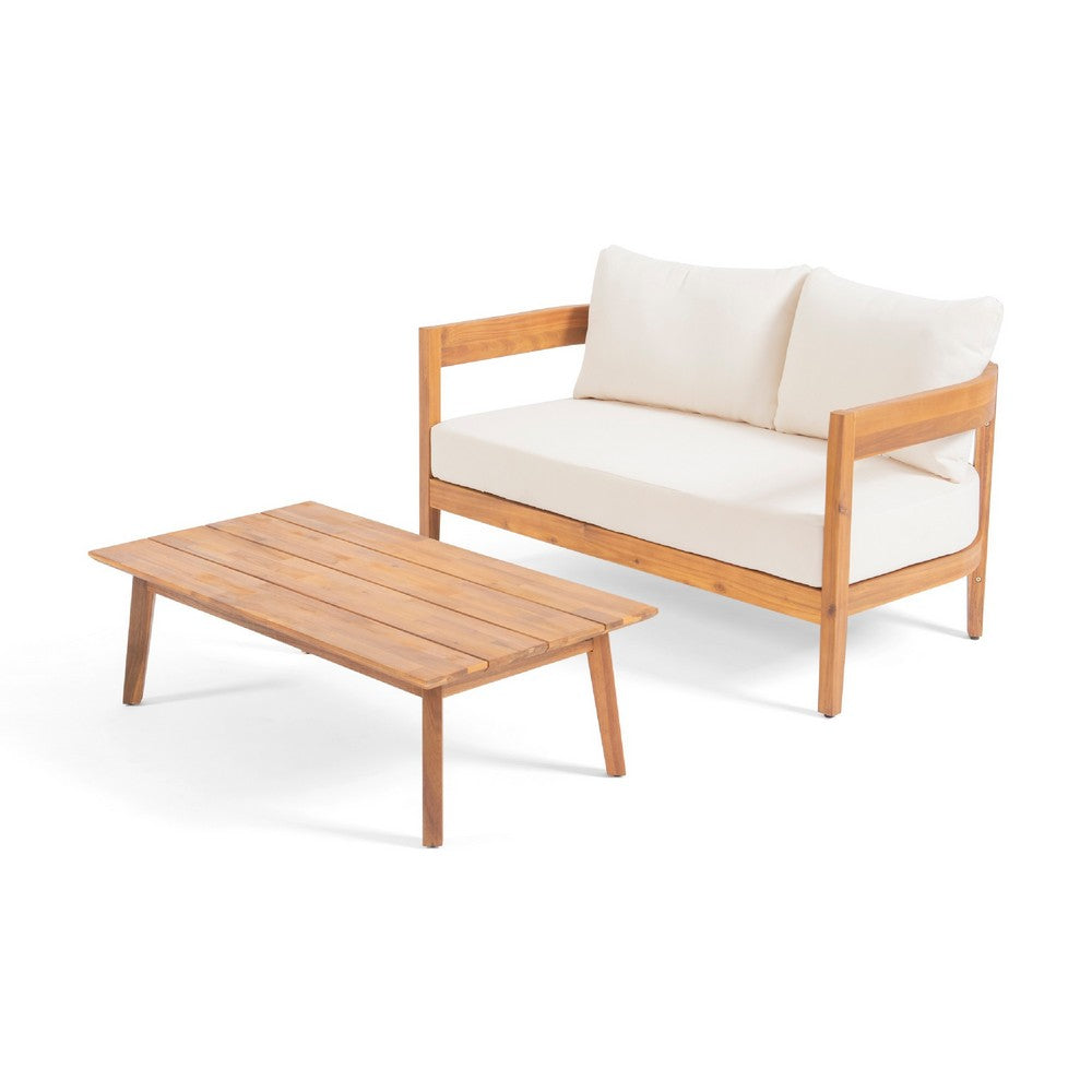 Loveseat and Coffee Table Outdoor Set | Slatted Brown Acacia Wood