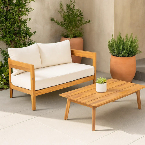 Loveseat and Coffee Table Outdoor Set | Slatted Brown Acacia Wood