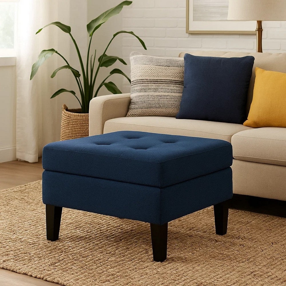 Voil Storage Ottoman | 28" | Navy Blue Fabric | Tapered Wood Legs