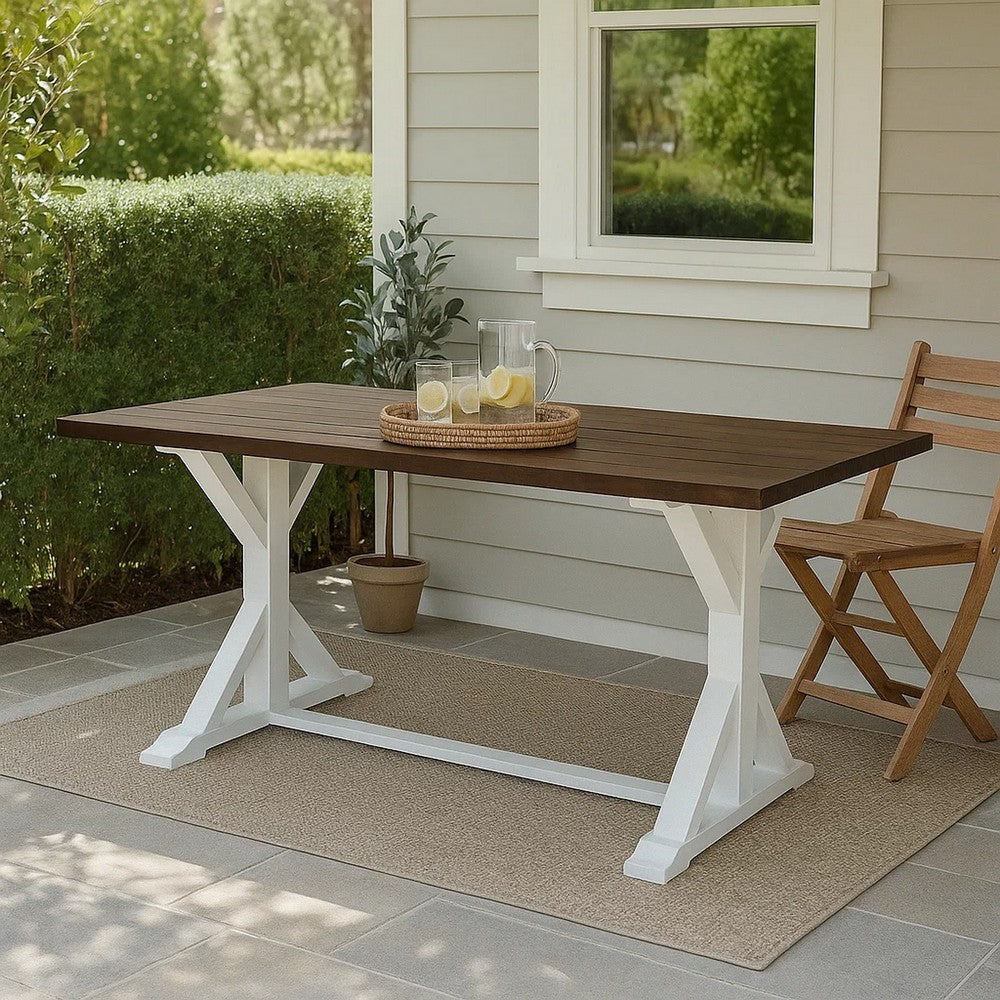 Indoor/Outdoor Dining Table | 69" Brown Rectangular Wood Top | White