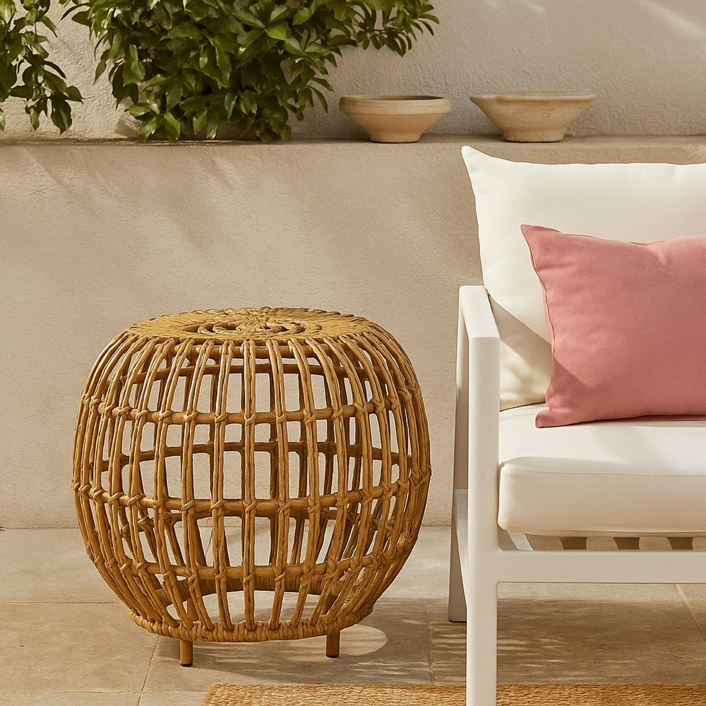 Outdoor Side Table | Open Design | 20" Light Brown Woven Wicker