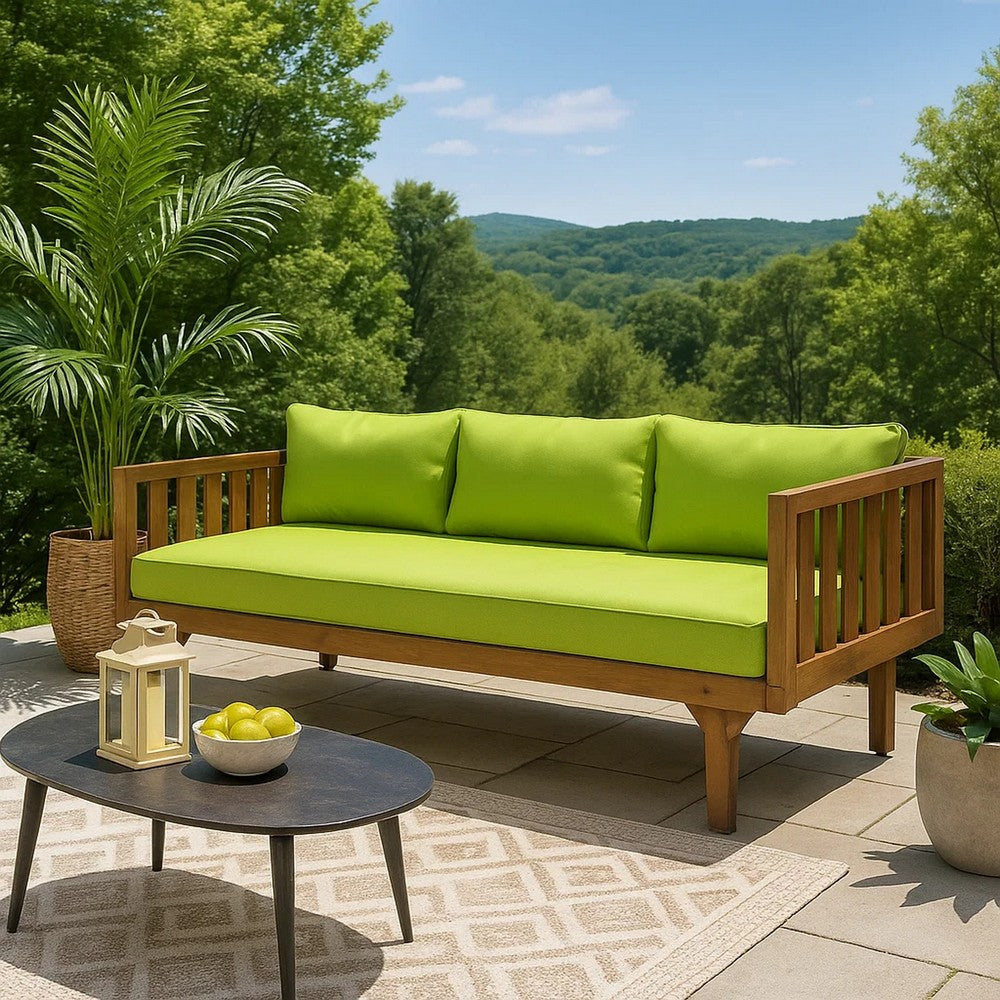 Clara Outdoor Daybed | Brown Wood Slat Back | 68" Green Fabric