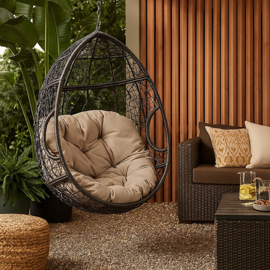 Patio Hanging Basket Chair | 49" | Brown Woven Rattan and Metal