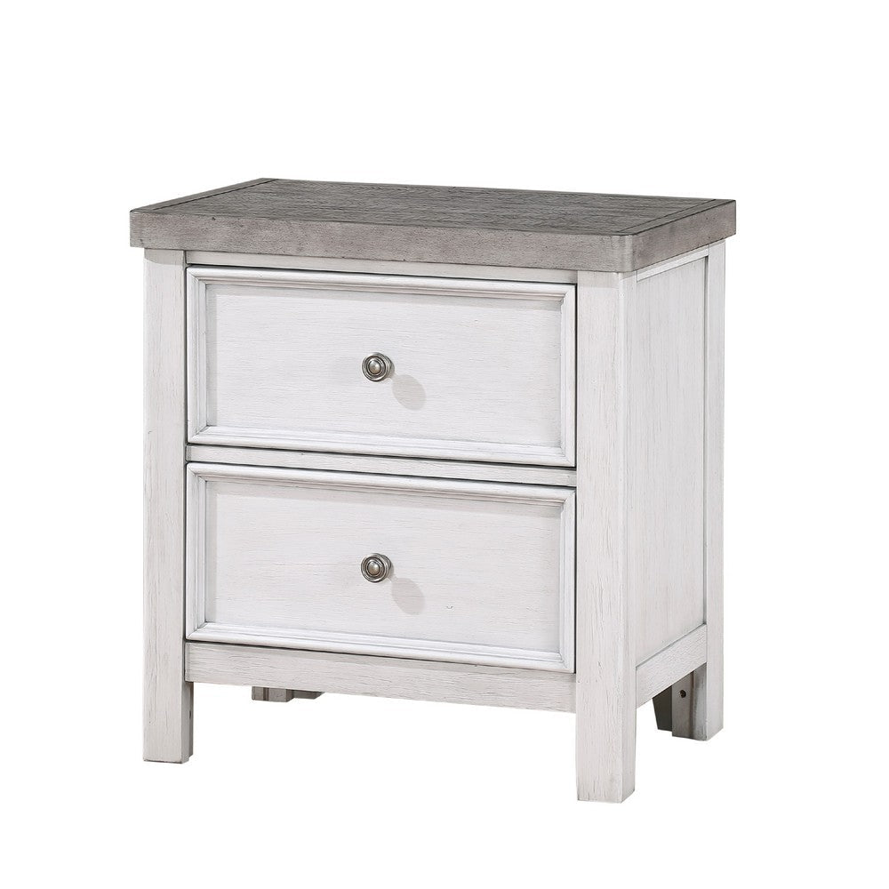 Amby Nightstand | 2 Drawers | Farmhouse Antique White Gray Acacia Wood BM335829