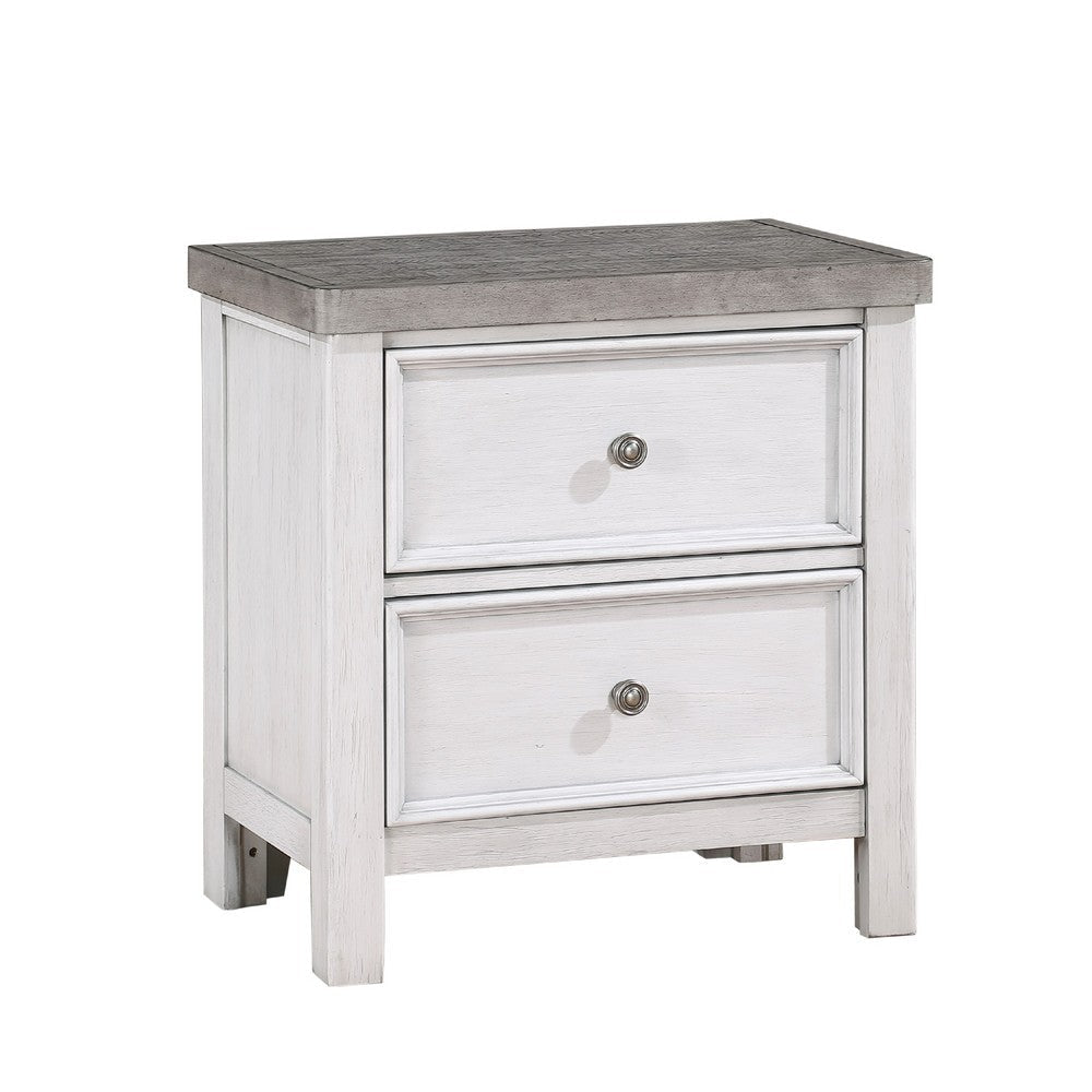 Amby Nightstand | 2 Drawers | Farmhouse Antique White Gray Acacia Wood