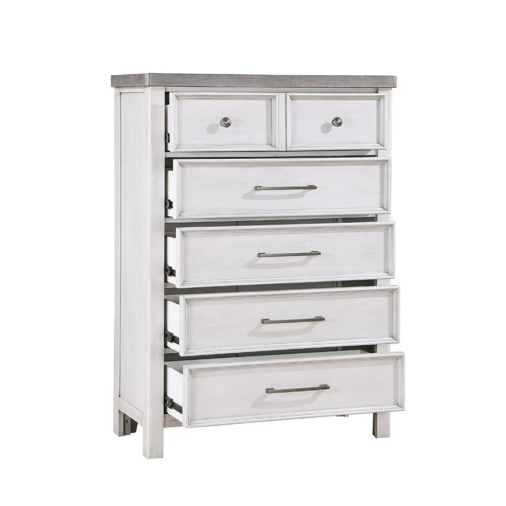 Amby Tall Dresser Chest | 5 Drawers | Farmhouse White Gray Acacia Wood BM335831