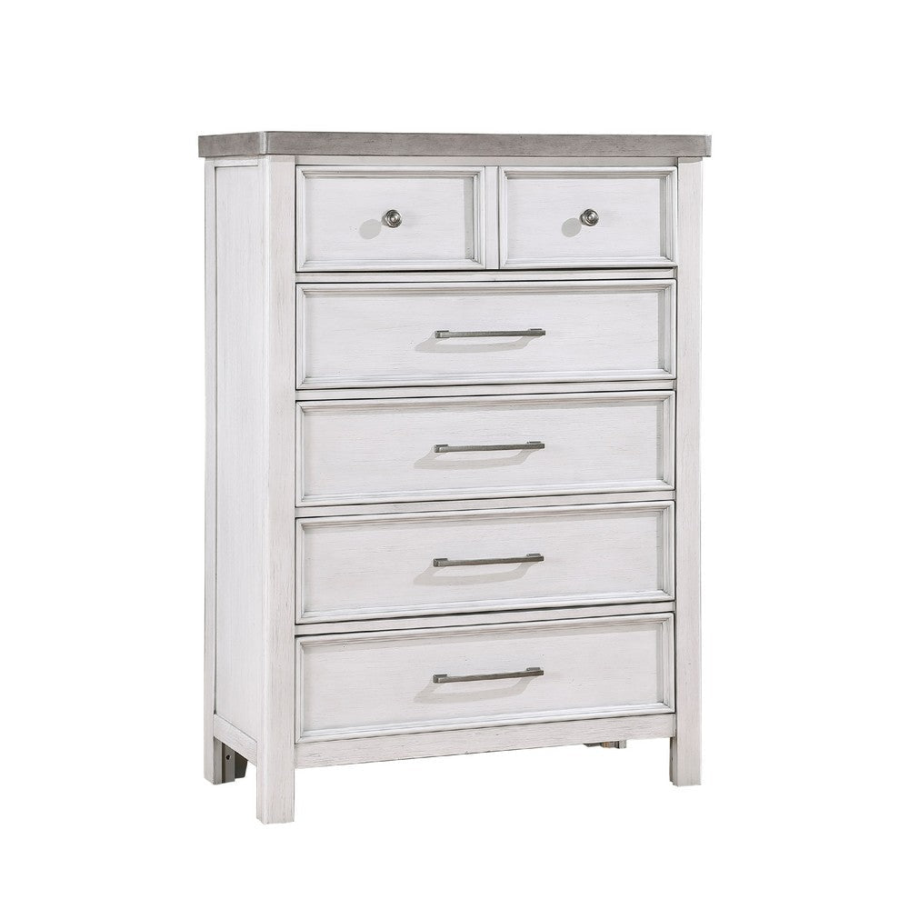 Amby Tall Dresser Chest | 5 Drawers | Farmhouse White Gray Acacia Wood
