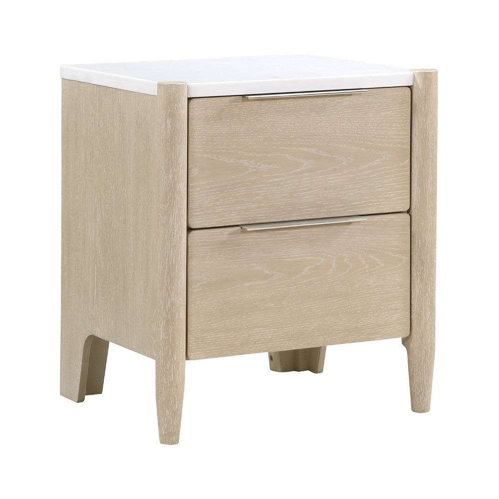 Maty Nightstand | 2 Drawers | White Marble Top Light Oak Brown Ceruse