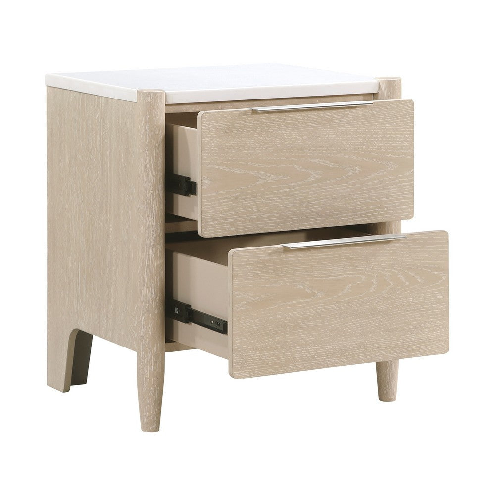Maty Nightstand | 2 Drawers | White Marble Top Light Oak Brown Ceruse BM335835