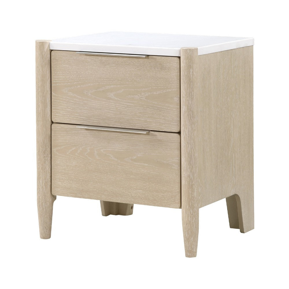 Maty Nightstand | 2 Drawers | White Marble Top Light Oak Brown Ceruse BM335835