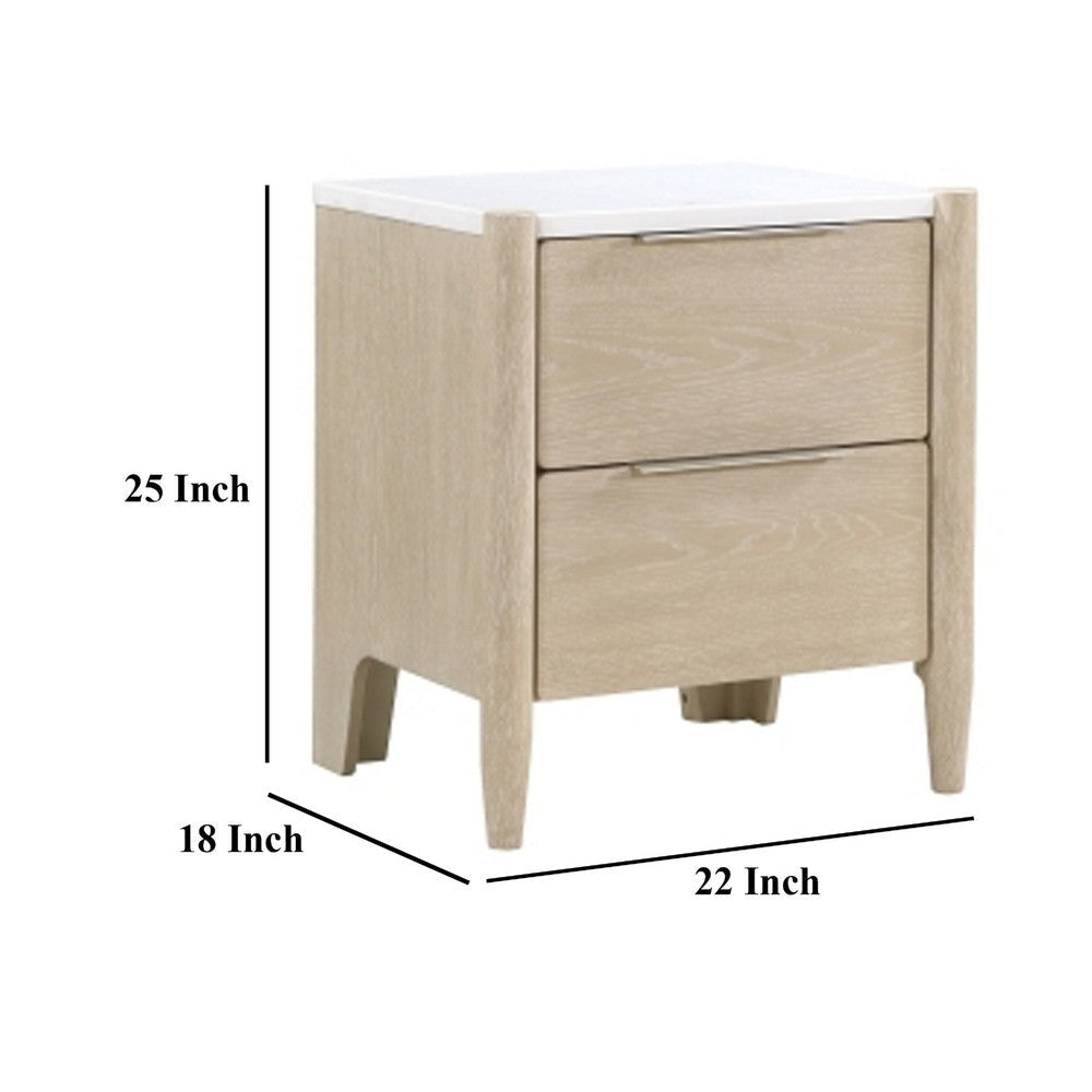 Maty Nightstand | 2 Drawers | White Marble Top Light Oak Brown Ceruse BM335835
