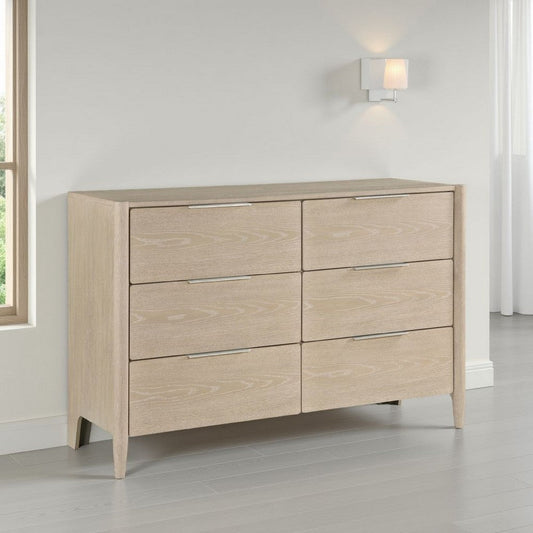 Maty Dresser | 58" | 6 Drawers | Light Oak Brown Ceruse | Nickel Pulls