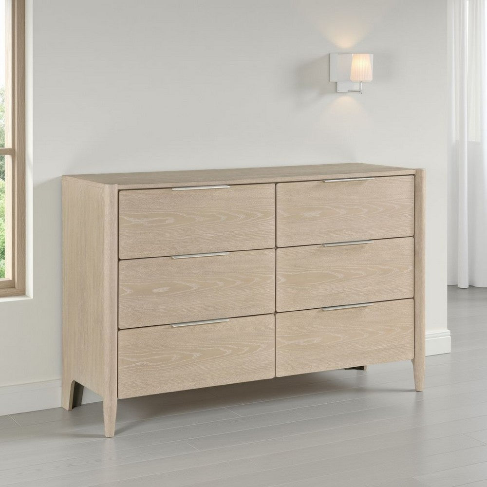 Maty Dresser | 58" | 6 Drawers | Light Oak Brown Ceruse | Nickel Pulls