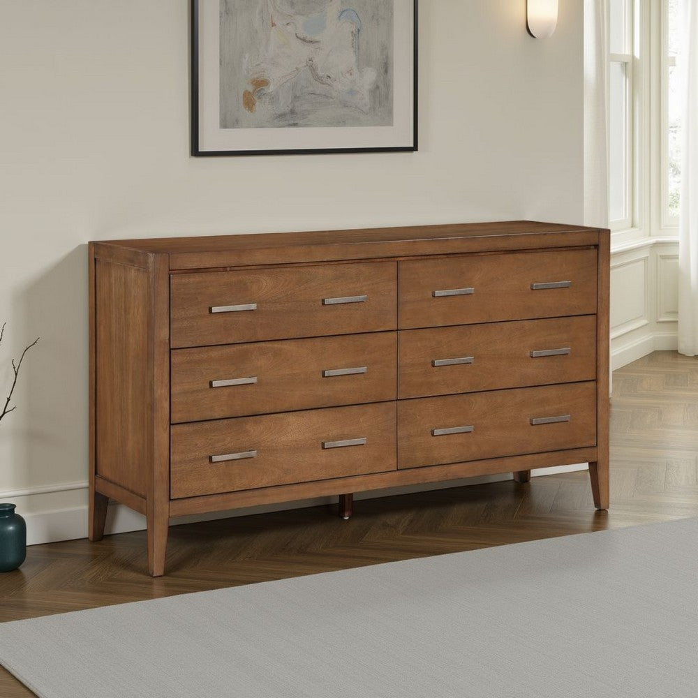 Evi Dresser | 60" | 6 Drawers | Brushed Rich Brown Wood | Brass Pulls