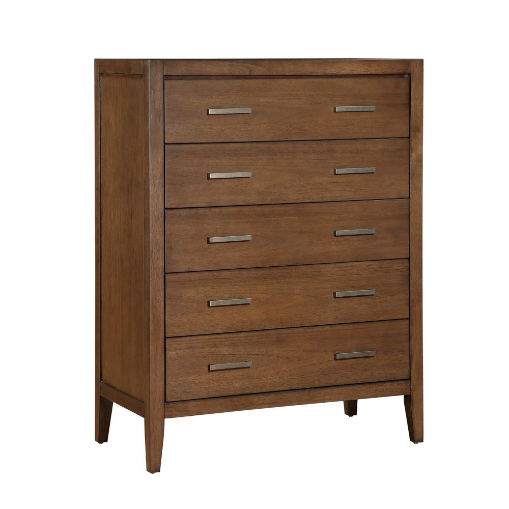 Evi Tall Dresser Chest | 5 Drawers | Brushed Rich Brown | Brass Pulls