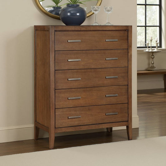 Evi Tall Dresser Chest | 5 Drawers | Brushed Rich Brown | Brass Pulls